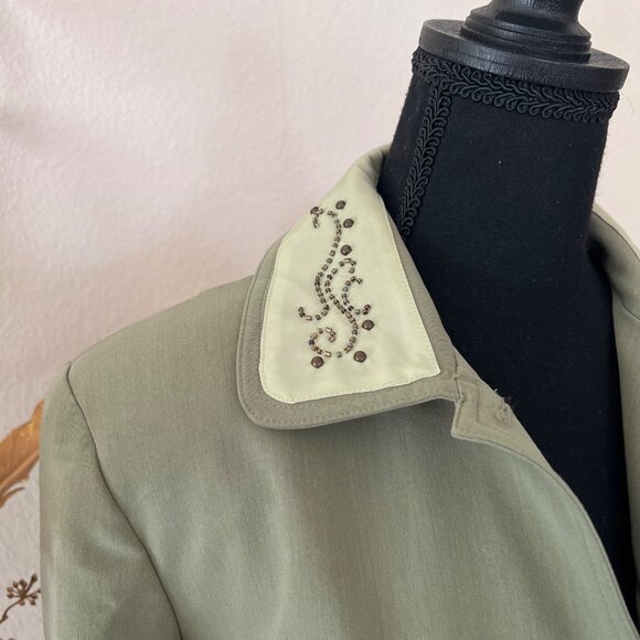 Bob Mackie Vintage Sage Green Blazer with Brown Beaded Collar Size 12 - Picture 3 of 11